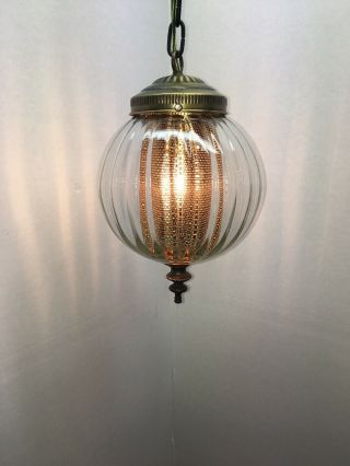 Vintage MCM Ribbed Optic Glass Hanging Swag Lamp Light & DIFFUSER Retro 5