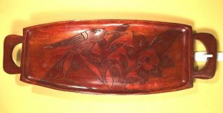 Vintage Wooden Hand Carved Tray With Handles Birds Flowers Collectable Handmade