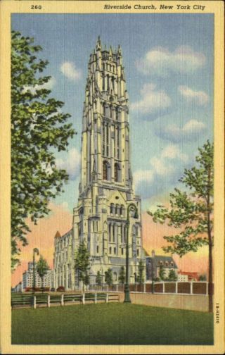 Riverside Church York City Vintage 1940s Linen Postcard