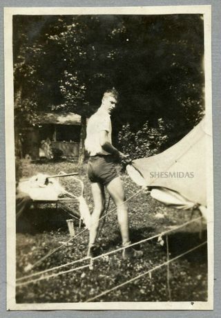 723 He Wears Short Shorts Camping Man,  Vintage Gay Int Photo