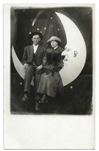 Antique Rppc Couple On Paper Moon Prop Hats And Fur Coat Photo Postcard