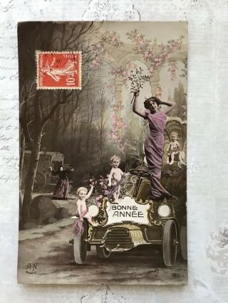 Lady Glamour Babies Car Fantasy Vintage Postcard