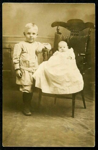 Rppc Adorable Children Boy & Baby " Cecil & Myron " Antique Real Photo Postcard