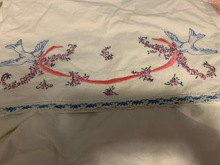 Vintage Pillowcase Set Embroidered Bluebirds Blue Crochet Gorgeous