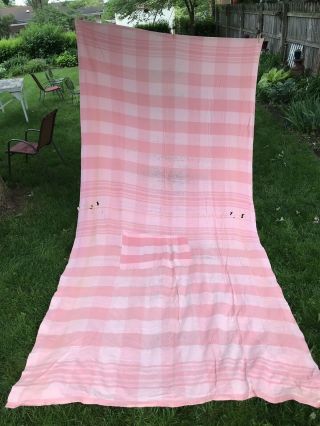 Vtg Blanket Double Length Lightweight Wool Camp Pink & White Plaid Cutter 144x77