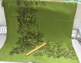 Vintage 1970 Christmas Tablecloth Pinecones Bells 70 " X49 " Green Gold Mid Century