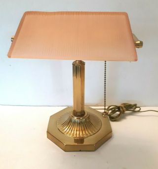 Vtg Brass Desk Table Piano Banker Office Lamp Pink Frosted Shade Pull Chain Rare