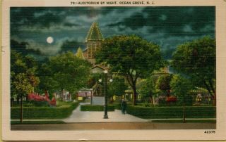 1948 Exterior View Full Moon Auditorium By Night Ocean Grove Nj Postcard C45