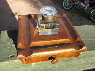 Vintage Ink Well On Wooden Base Has A Small Drawer The Pulls Out Looks Like 1800