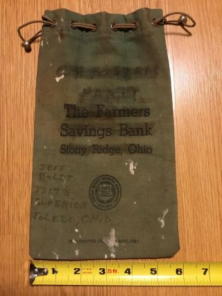 Vintage The Farmers Savings Bank,  Ohio Green Canvas Cloth Drawstring Money Bag