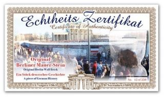 2 - Berlin Wall Piece Certificates - Authentic Historic German History Artifact