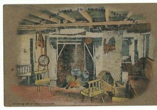 Antique Postcard Irish Greetings On Kildare Peat Paper Irish Cottage
