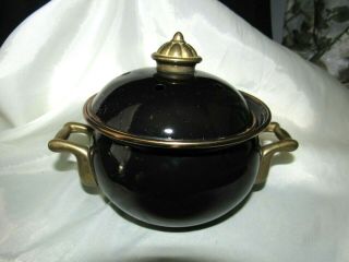 Vtg Asian Style Enamel & Brass Incense Pot Black & Gold Condiiton
