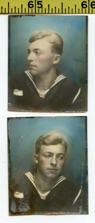 (2) Vintage 1940s Tinted Booth Photos / Paranoid Sailor At The Bottom Of The Sea