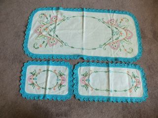 Handmade Embroidered Dresser Scarf Set 3 Turquoise Crochet Floral Wow