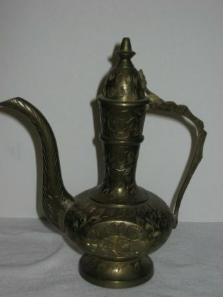 Vintage India Brass Tea Pot Oil Genie Lamp Hand Etched Ornate Design 6.  25 " H