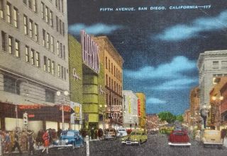 5th Ave San Diego California Vintage Post Card Cars Lamp Post 1948 Post Marked