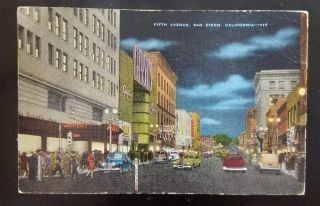 5TH Ave San Diego California Vintage Post Card cars lamp post 1948 Post Marked 2