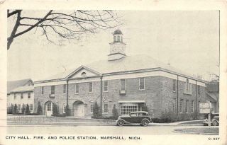 Marshall Mi 1935 View Of City Hall With Fire & Police Station Vintage Mich 504