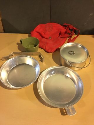 Vintage Bsa Boy Scouts Of America Aluminum Camping Mess Kit W.  Adj Carry Pack