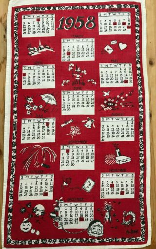 Vintage 1958 Calendar Dish Towel Linen Holidays Red White