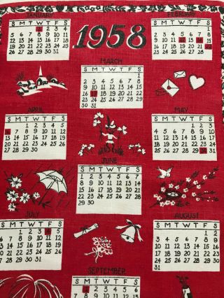 Vintage 1958 Calendar Dish Towel Linen Holidays Red White 2