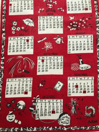 Vintage 1958 Calendar Dish Towel Linen Holidays Red White 3