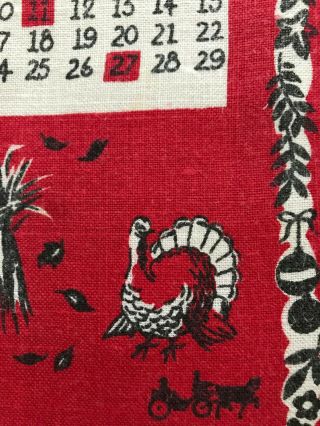 Vintage 1958 Calendar Dish Towel Linen Holidays Red White 4