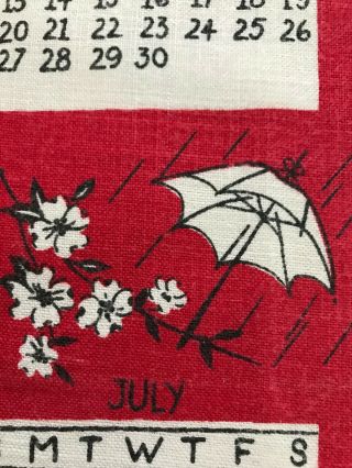 Vintage 1958 Calendar Dish Towel Linen Holidays Red White 7