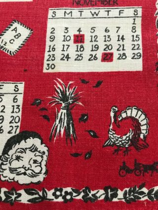 Vintage 1958 Calendar Dish Towel Linen Holidays Red White 8