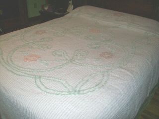Vintage Twin Size Chenille Bedspread - Pink And Green