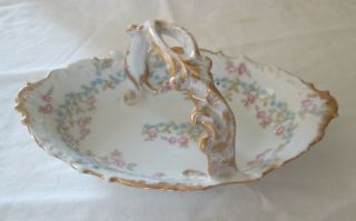 Antique P & B,  Limoges France Candy Dish W/handle Gold Trim,  Porcelain Scalloped