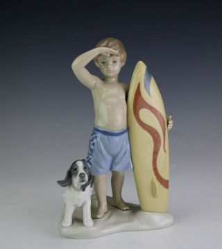 Retired Lladro Spain Surfs Up 8110 Surfboard Boy Dog Porcelain Figurine Nr Sms