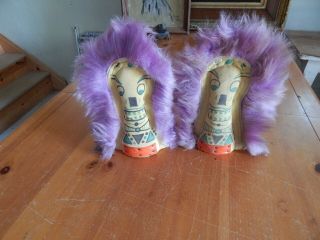 Pair Vtg 1960s 70s Carnival Knock Down Clown Dolls Purple Hair Punks Ball Canvas