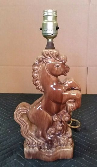 Rare Vintage Gonder Ceramic Arts Brown Stallion Horse On Back Legs Lamp