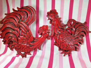 Delightful Vintage Mid Century 2pc Ceramic Figural Red Rooster Wall Art • Fab