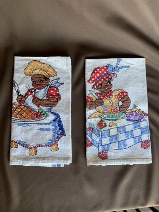Two Vintage Hand Embroidered Black Americana Mammy Kitchen Tea Towels Folk Art