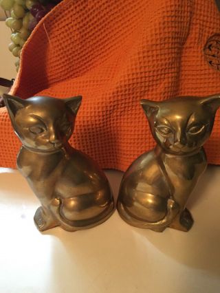 Vintage Bookends Set Of Two Large Heavy Solid Metal Brass Cats (rare)