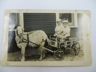 Rppc Goat Pulling Wagon With Boys Posing Real Photo Post Card Circa 1928