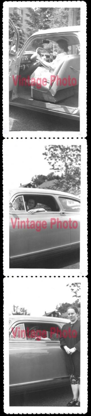 3 Image Strip Of Older Woman Driver In Fancy Car - Vintage 1949 Photos