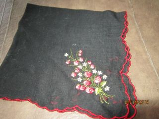 Vintage Antique Black Hanky Hankerchief Embroidered Edge & Strawberry Plant