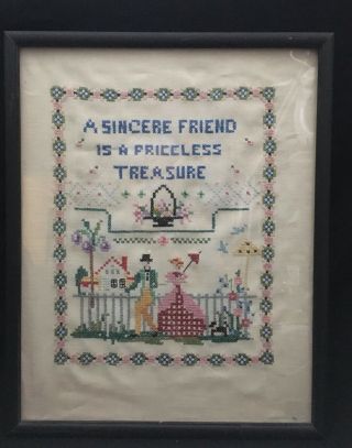 Framed Vintage Cross Stitch On Linen Sampler " A Sincere Friend.  " 14.  5 X 11.  75
