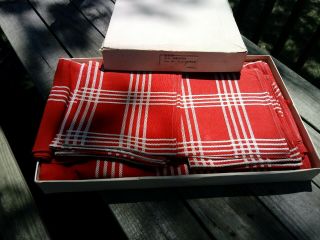 Vintage Red White Plaid Table Cloth Farmhouse Kitchen Linens 6 Napkins