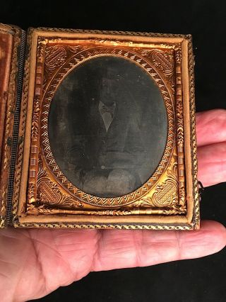 1/6 Plate Anson Daguerreotype Of A Young Man With His Right Hand In A Sack,  Dark