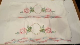 Vintage Pillowcases Set Of 2 Embroidered Flowers Crochet Edge Blue Pink Green