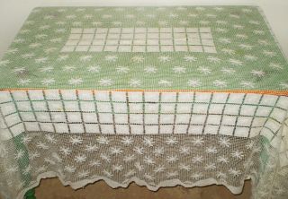 Antique Vintage Handmade White Crocheted Filet Lace Tablecloth 82 " X 66 "