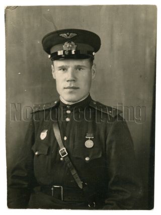 1943 Ww2 Soviet Officer Red Army Pilot Man Guy Award Su Russian Vintage Photo