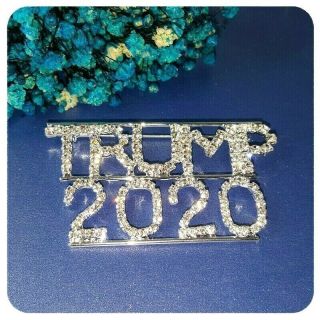 Large Sparkling Clear Rhinestone Trump 2020 Pin,  Glowing Silver Tone Accenting