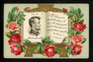 Political President Postcard Abraham Lincoln Embossed Gold Trim Roses Flowers