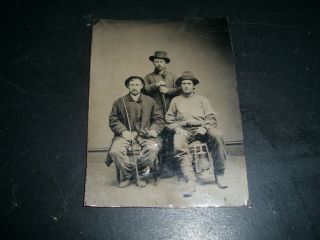 Three Pioneer Men Tin Type Photo With Gun,  Fishing Pole And Lantern